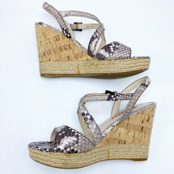 Authentic Prada 36.5/ 6.5 Snakeskin & Cork Wedge Sandal - Picture 5 of 9